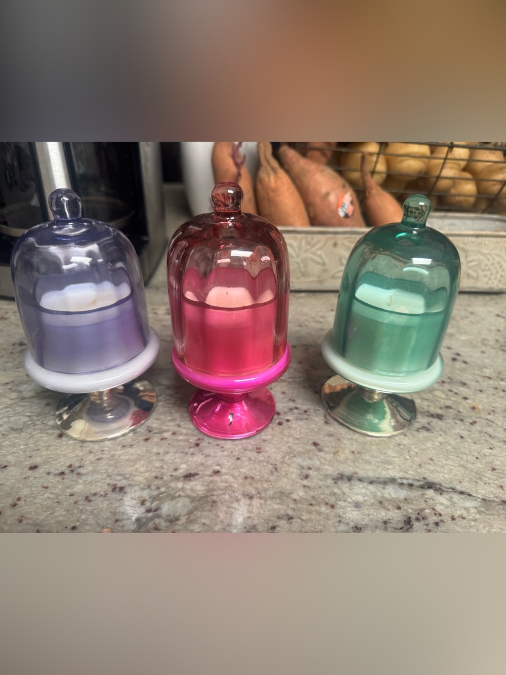 Anthropologie Trio of Mini Glass Cloche Candle Holders in Lavender, Pink & Teal